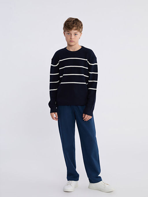 Bisiklet Yaka ?izgili Erkek ?ocuk Triko Kazak