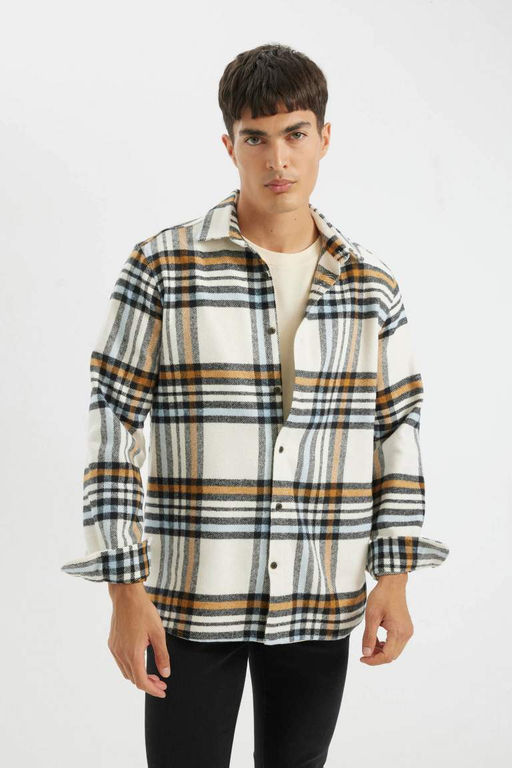 Фланелевая рубашка стандартного кроя с воротником поло и длинными рукавами в клетку - Defacto фото 3