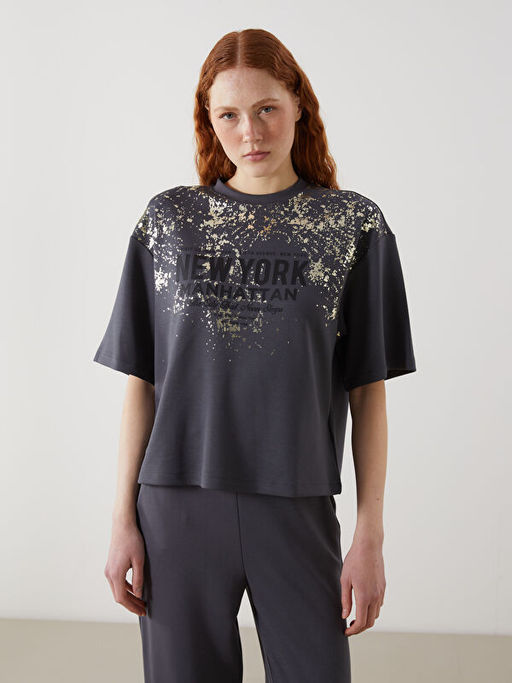 Bisiklet Yaka Manhattan Bask?l? Kad?n Ti??rt