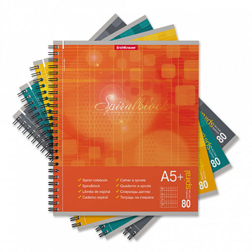 Цена за 4 шт. Тетрадь общая на спирали ErichKrause Spiralblock, А5+, 80 листов, клетка, перфорация, микроперфорация_MIX-PACK