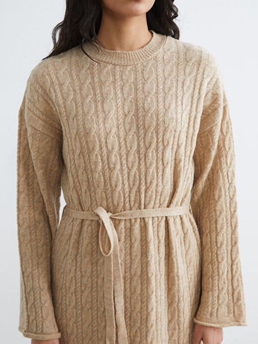 Bisiklet Yaka Kendinden Desenli Ku?akl? Triko Elbise