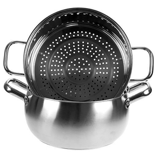 Ленинград Набор посуды из нержавеющей стали 10 предметов: кастрюля - 2 штуки: 18х9,5см 2,3л; 19,5х10,5см 3л; пароварка 23х22см 5л, ковш 16х9см 1,7л, сковорода 24х6,5см 2,4л без крышки, кухонная навеска пластмассовая - 5 штук, крышки стеклянные, руч - Домашняя мода фото 4