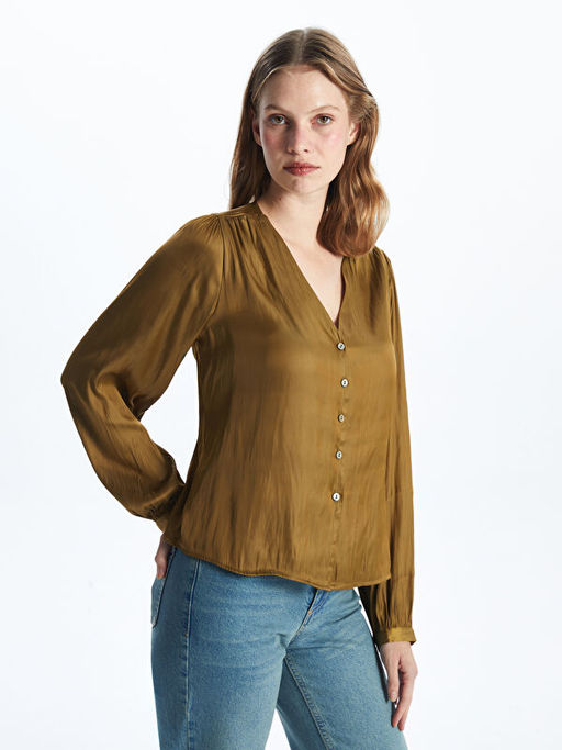 V Yaka Saten Kad?n Bluz