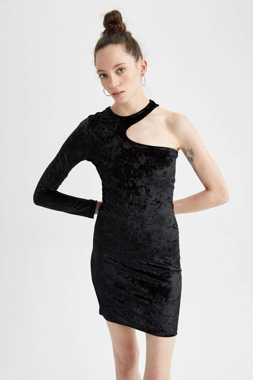 Облегающее велюровое мини-платье на одно плечо с длинными рукавами - Defacto фото 7