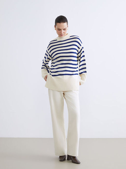 Bisiklet Yaka ?izgili Oversize Kad?n Triko Kazak