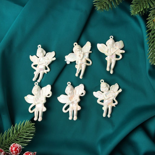 Цена за 2 шт. Ёлочная игрушка 6 шт. Ангелочки перелив 5.54 см, белый перламутр