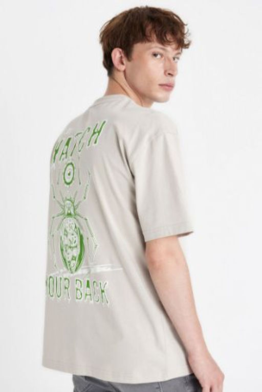 Oversize Genis Kal?p Bisiklet Yaka S?rt Bask?l? K?sa Kollu Tisort