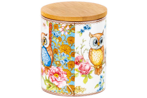 Банка д/хранения 650 мл 10*10*12,5 см "Совушки" с деревянной крышкой с силик.уплотн. NEW BONE CHINA