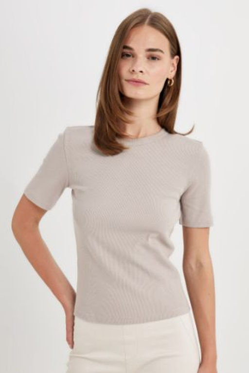 Slim Fit Dar Kesim Bisiklet Yaka Fitilli Kaskorse Basic Duz K?sa Kollu Tisort