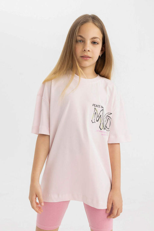 Футболка оверсайз с короткими рукавами и принтом для девочек - Defacto фото 4