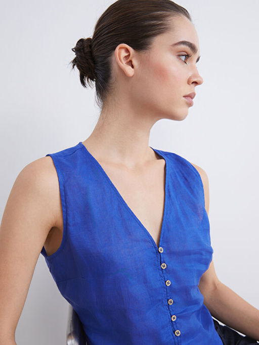 V Yaka Ask?l? %100 Keten Bluz