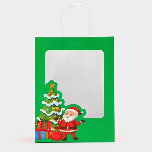 Пакет подарочный бумажный с окном «Дед Мороз» 30×22×14 см, крафт зеленый