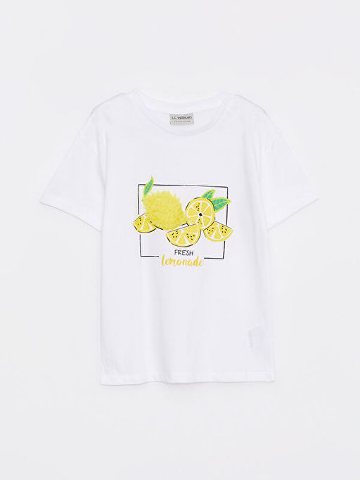 Bisiklet Yaka Bask?l? K?sa Kollu Pamuklu K?z ?ocuk Ti??rt