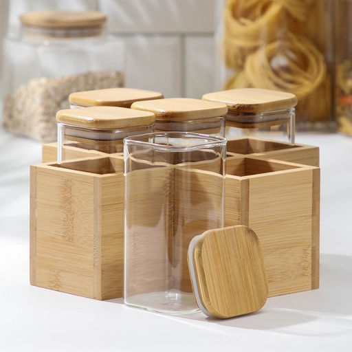 Набор банок стеклянных для сыпучих продуктов с бамбуковыми крышками Эко, 350 мл, на подставке, 5 шт - Simaland фото 2