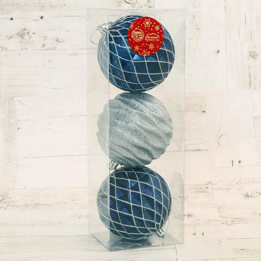 Ёлочные игрушки Корнелия сеточка, шары новогодние, d=10 см, набор 3 шт., серебристо-синий - Зимнее волшебство фото 2