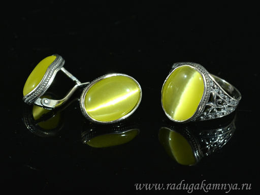Кольцо Серьги с кошачьим глазом, цв.олива размер 18
