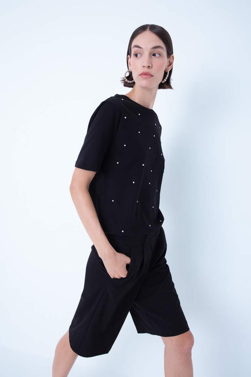 Женская черная повседневная футболка с короткими рукавами и круглым вырезом стандартного кроя, украшенная камнями - Defacto фото 3