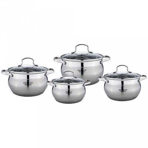 "Zeidan" Набор кастрюль из нержавеющей стали 4 штуки: 2,1л д16см; 3,0л д18см, 4,0л д20см, 6,7л д24см, стеклянные крышки, 5-ти степовое капсулированное индукционное дно, мерная шкала, подарочная коробка (Китай) Подходит для всех видов плит, включая ин