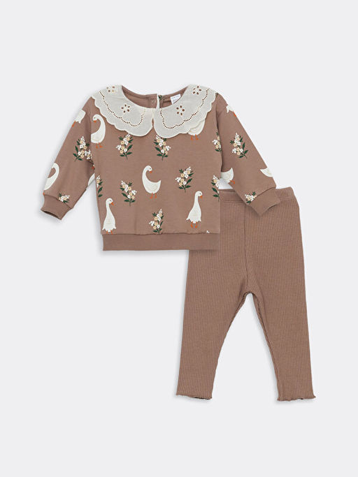 Bebe Yaka Uzun Kollu Bask?l? K?z Bebek Sweatshirt ve Tayt 2li Tak?m