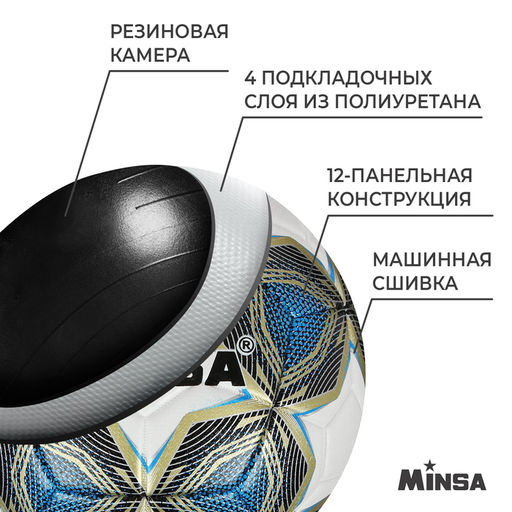 Мяч футбольный MINSA, PU, машинная сшивка, 12 панелей, р. 5  фото 3