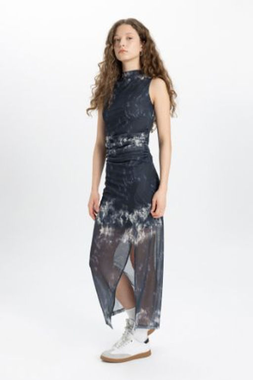Bodycon Vucudu Saran Dik Yaka Y?rtmacl? Batik Tul Kolsuz Maxi Elbise