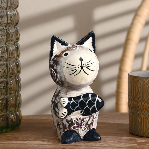 Сувенир «Кошка с рыбкой», 8×15×17 см, дерево, серый