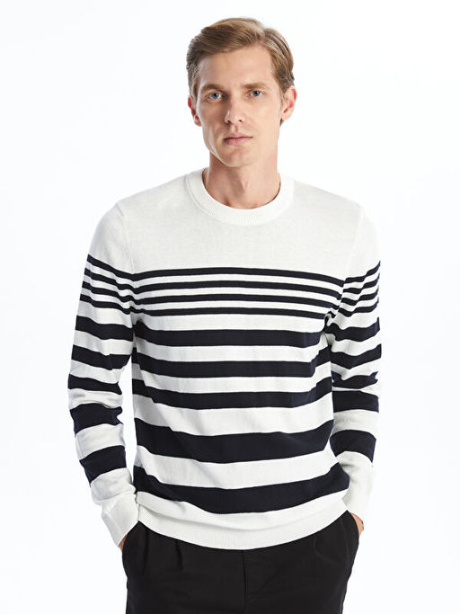 Bisiklet Yaka Uzun Kollu ?izgili Erkek Triko Kazak