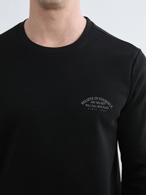 Bisiklet Yaka Bask?l? Erkek Kal?n Sweatshirt