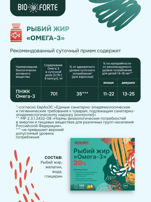 Рыбий жир Омега-3 BioForte, 100 капсул
