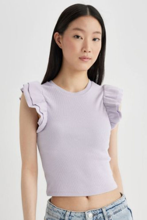 Slim Fit Dar Kesim Bisiklet Yaka Fitilli Kaskorse K?sa Kollu Tisort