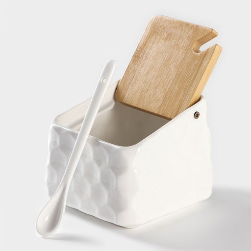 Банка для сыпучих BellaTenero, 800 мл, 14.511 см, с ложкой, с бамбуковой крышкой, фарфор, белая фото 4