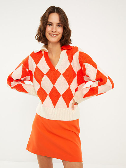 Polo Yaka Baklava Desenli Kad?n Triko Kazak