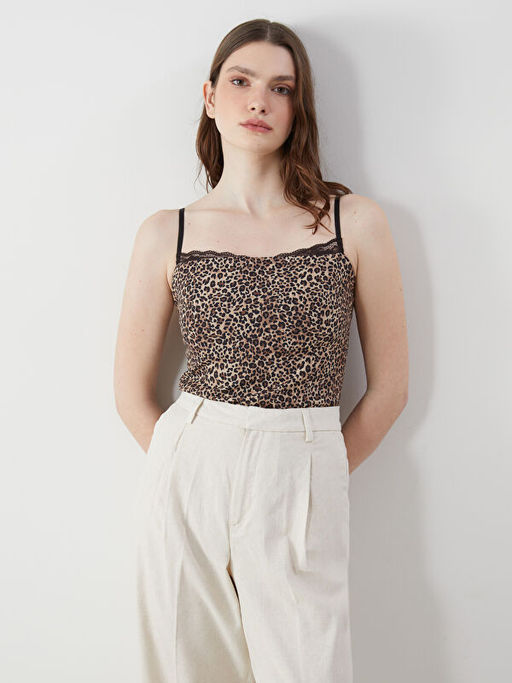 Kare Yaka Leopar Desenli Crop Kad?n Bluz