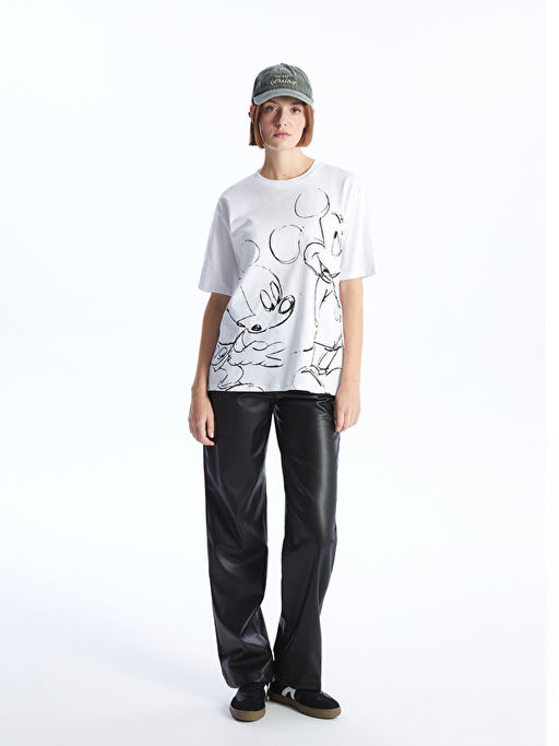 Bisiklet Yaka Mickey Mouse Bask?l? K?sa Kollu Oversize Kad?n Ti??rt - Waikiki фото 3