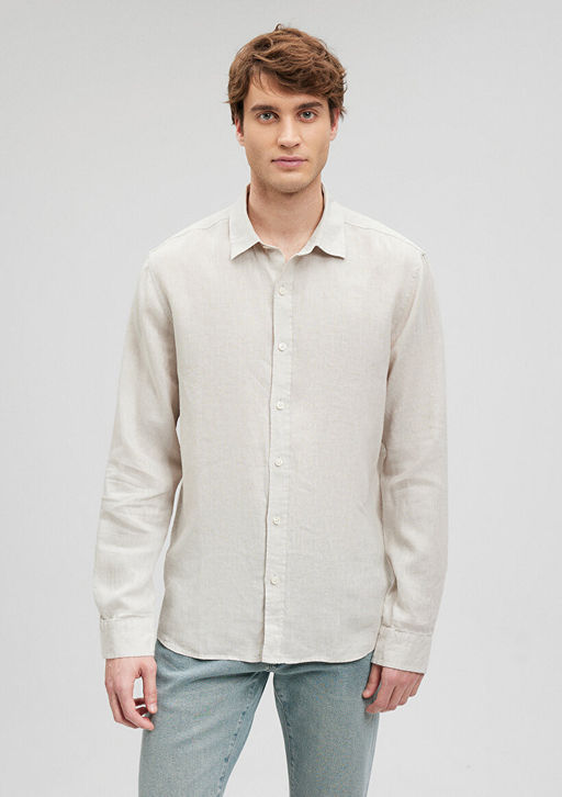 Bej Keten Gomlek - Mavi фото 3