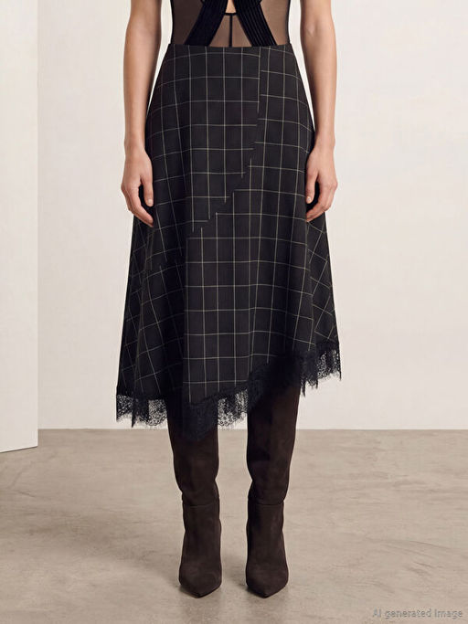 Beli Fermuarl? Ekose Dantel Detayl? Etek