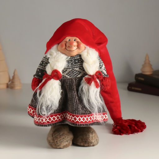 Кукла интерьерная текстильная «Бабусечка в длинном красном колпаке и сером платье», 25 см