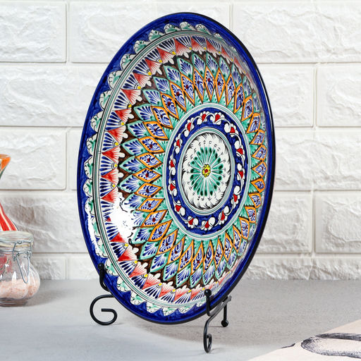 Ляган узбекский Риштанская Керамика «Узоры», d=33 см, глубокий, синий