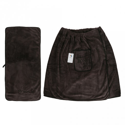 Килт махровый "Хозяин" 75х175см, хлопок 100%, на резинке с липучкой, на кнопке, с карманом, вышивка "Boss"; с полотенцем 75х36см, шоколадный (Китай)