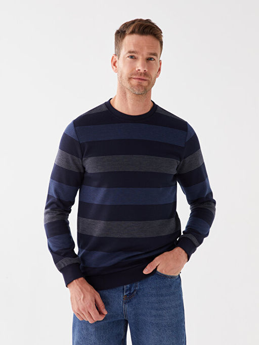 Bisiklet Yaka Uzun Kollu ?izgili Erkek Sweatshirt