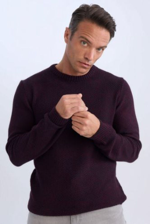 Standart Fit Normal Kesim Bisiklet Yaka Dokulu Basic Duz Triko Kazak