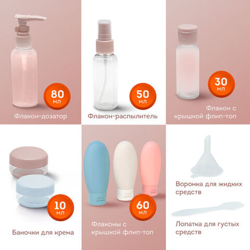 Дорожный набор флаконов в косметичке, 8 флаконов (80 мл / 3х60 мл / 50 мл / 30 мл / 2х10 мл), DASWERK,