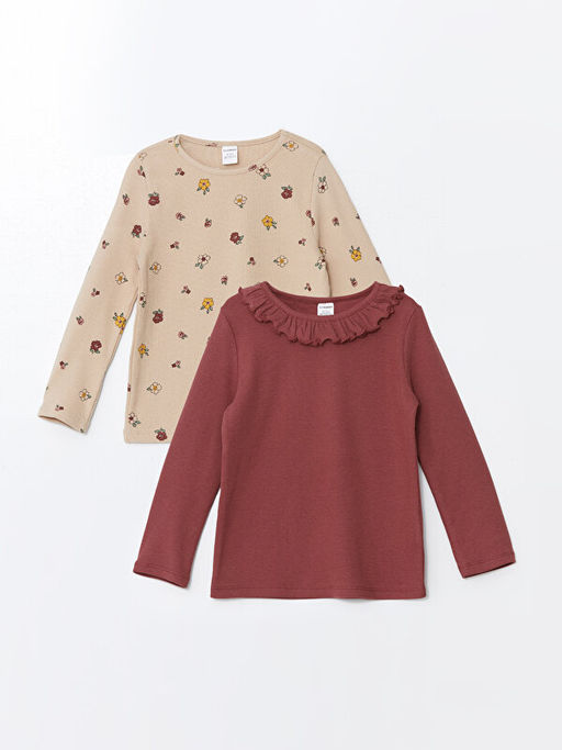 Bisiklet Yaka ?i?ekli K?z ?ocuk Ti??rt 2li