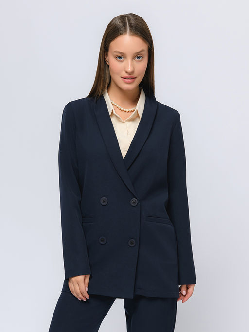 Жакет темно-синего цвета с отложным воротником и длинными рукавами - 1001dress фото 2