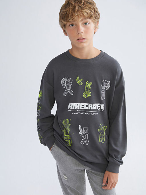 Bisiklet Yaka Minecraft Bask?l? Erkek ?ocuk Sweatshirt