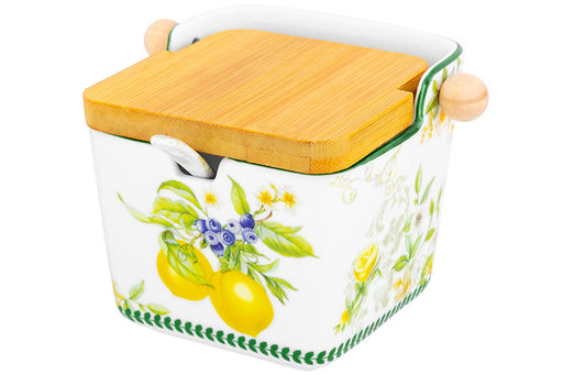 Банка для сыпучих продуктов 300 мл 12*9,5*9 см Лимоны с откидной бамбук.крышкой NEW BONE CHINA