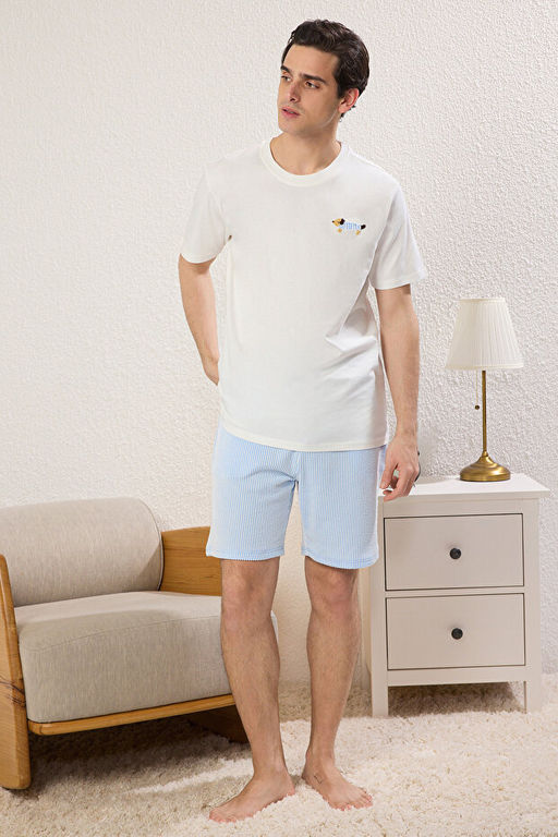 Mavi Unisex Ekru Regular Fit K_pek Nak__l_ _izgili _rme Pijama Tak_m_ TMNSS25PT00007 - Trendyolmilla фото 2