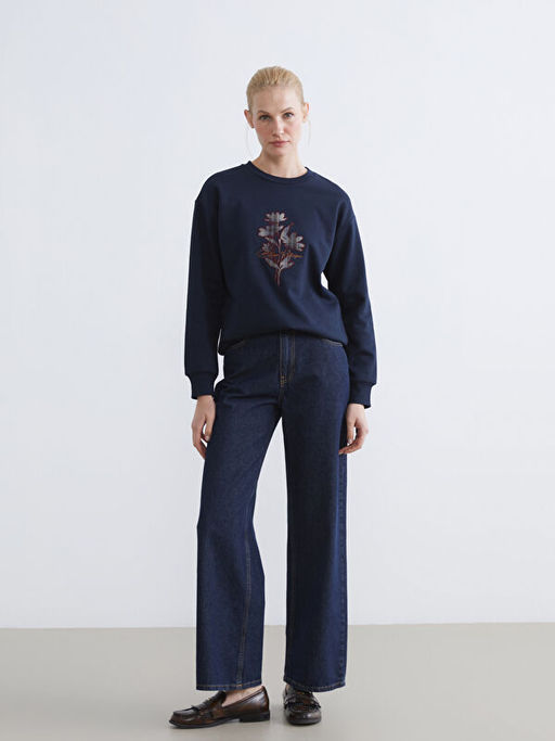 Bisiklet Yaka ?i?ekli Kad?n Kal?n Sweatshirt