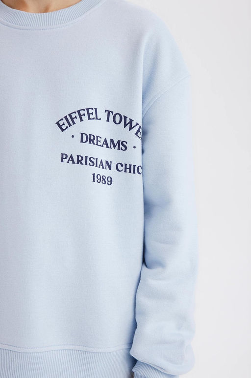 Relax Fit Bisiklet Yaka Bask_l_ Sweatshirt K_z _ocuk - Defacto фото 4