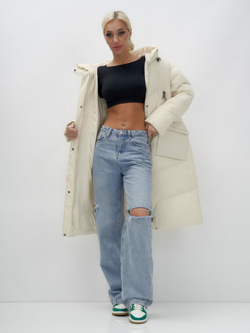 Пальто утепленное стеганное зимнее с капюшоном женское бежевого цвета 9639B - Mtforce фото 7